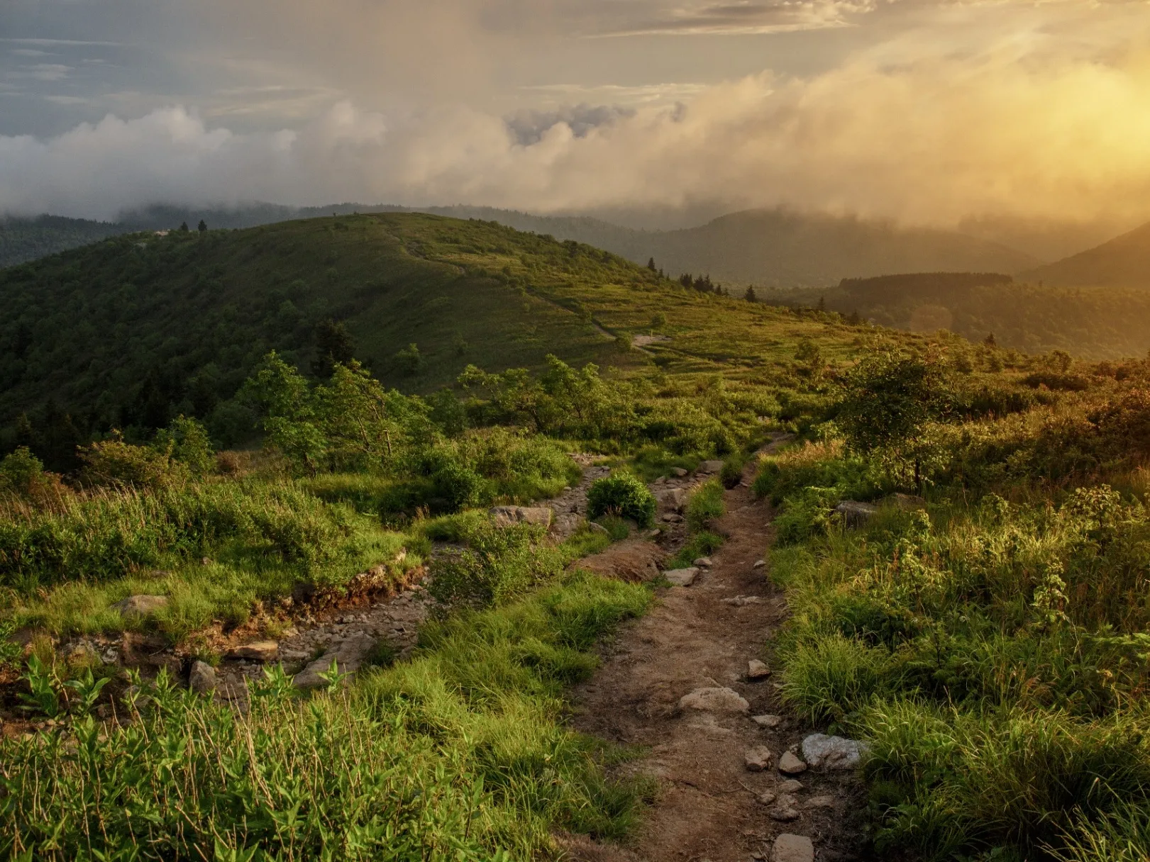 Rocky trail winding through grassy balds toward Black Balsam Knob with golden sunset light breaking through clouds over the Blue Ridge