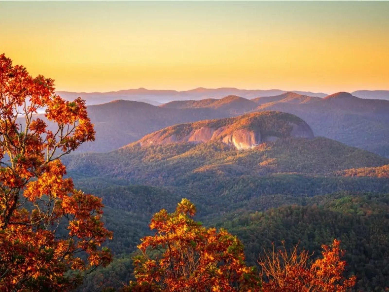 The massive sheer granite dome of Looking Glass Rock rising above the surrounding forest, viewed from the Blue Ridge Parkway overlook