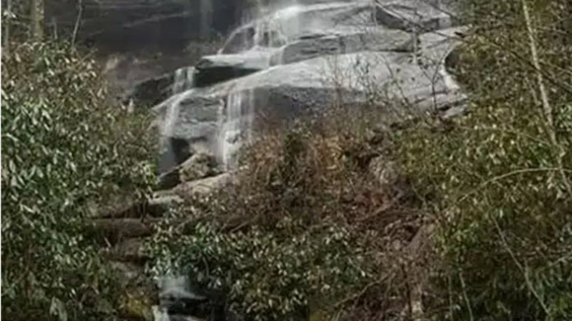 Daniel Ridge Falls dropping down its broad, tiered rock face through the bare winter forest