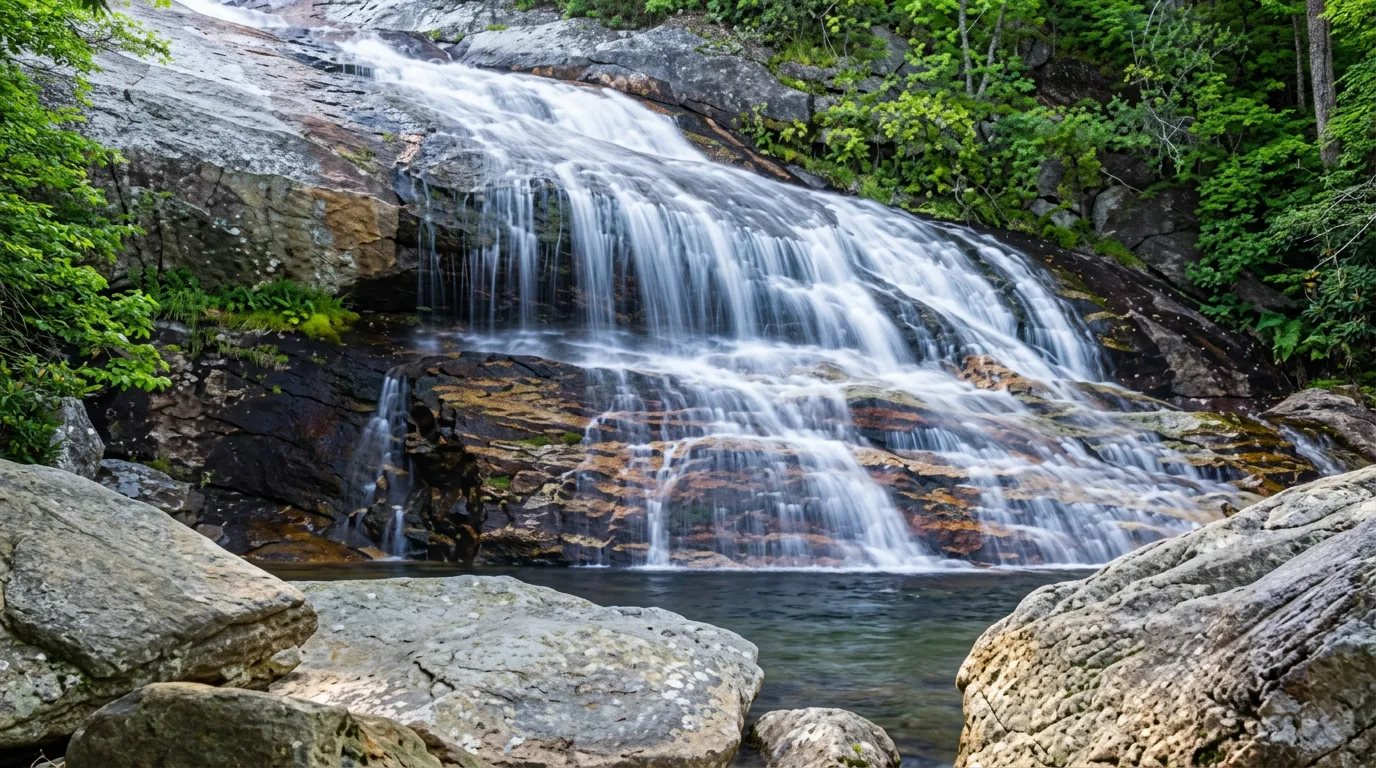 Cascading waterfall in the high valley at Graveyard Fields, surrounded by rhododendron and rocky ledges