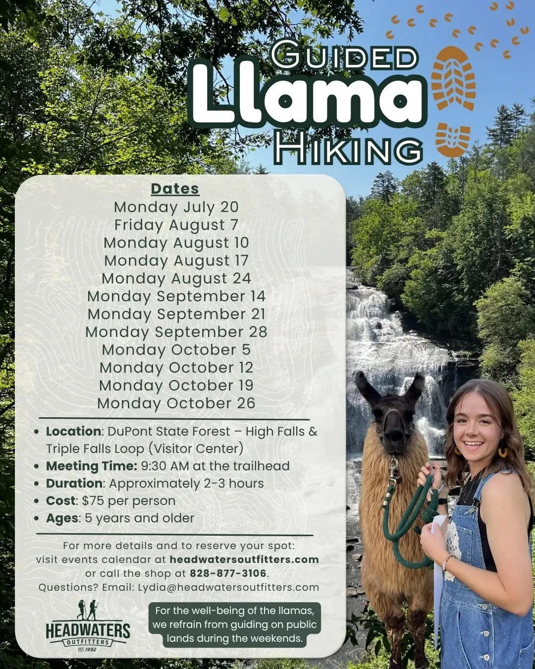 Guided Llama Hiking promotional flyer from Headwaters Outfitters with dates, location at DuPont State Forest High Falls and Triple Falls Loop, meeting time 9:30 AM, duration 2 to 3 hours, cost $75 per person, ages 5 and up, and a photo of guide Lydia with a pack llama on the trail