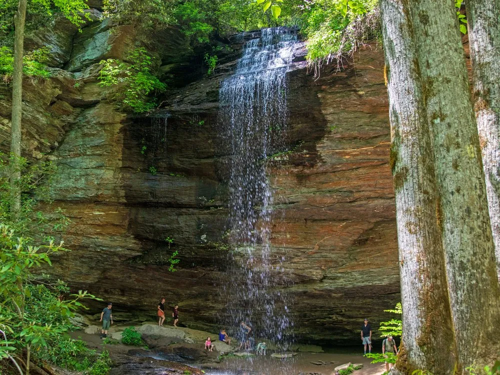 Moore Cove Falls, a delicate 50-foot veil waterfall you can walk behind, up US-276 in Pisgah National Forest