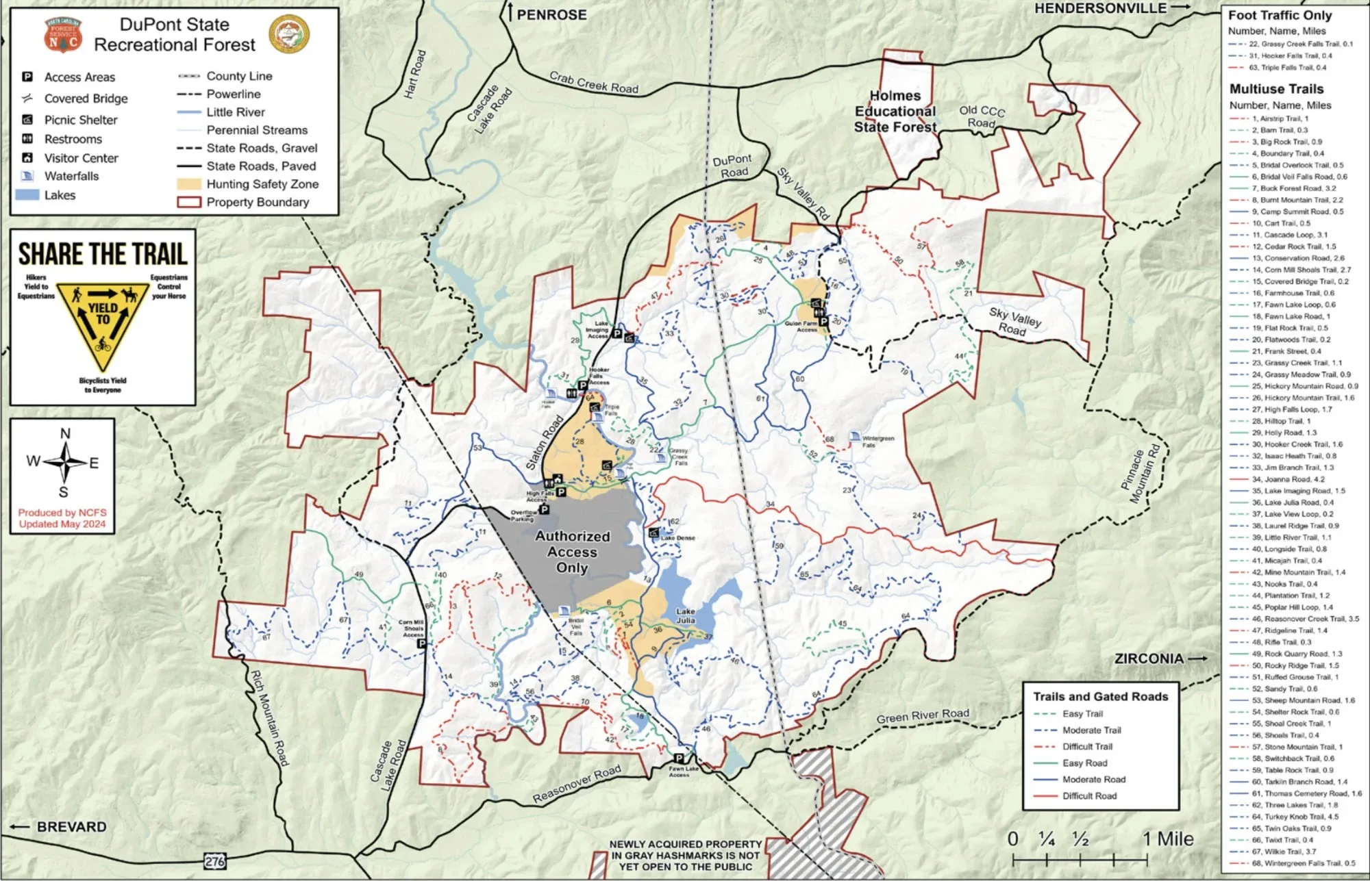 NC Forest Service trail map of DuPont State Recreational Forest, showing Lake Julia and the Fawn Lake access