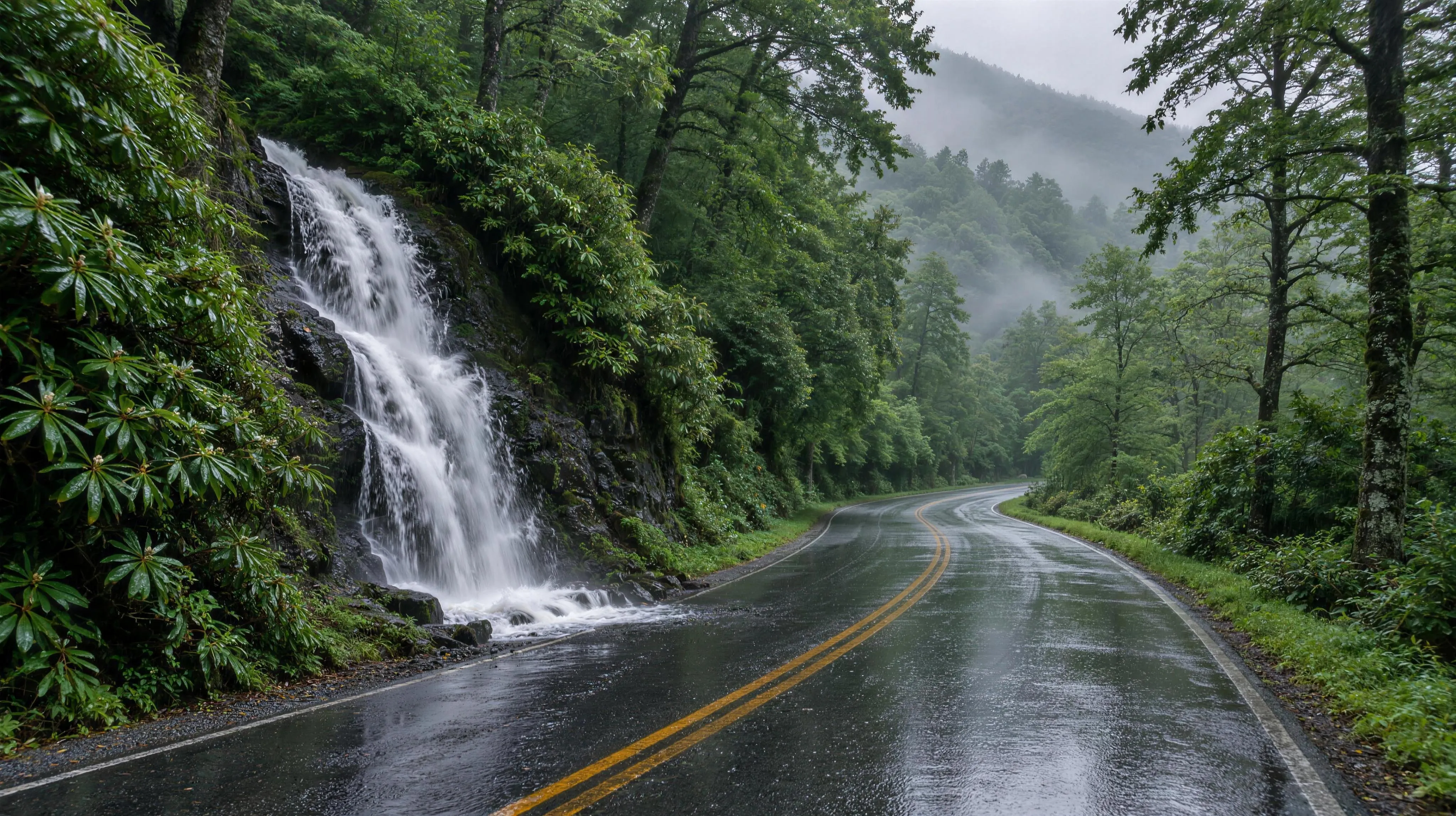 A wet two-lane mountain road curving through rhododendron in the rain, with a roadside cascade pouring over dark rock