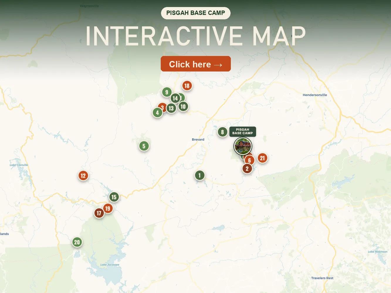 Interactive map of waterfalls near Pisgah Base Camp with numbered locations